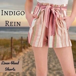 INDIGO REIN Juniors' Hayden Striped Belted Linen Blend Paper Bag Shorts NWT/Lg